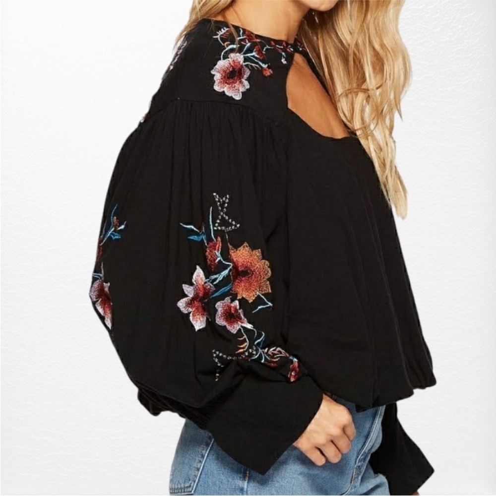 Free People Lita Black Balloon Sleeve Floral Embroidered Top